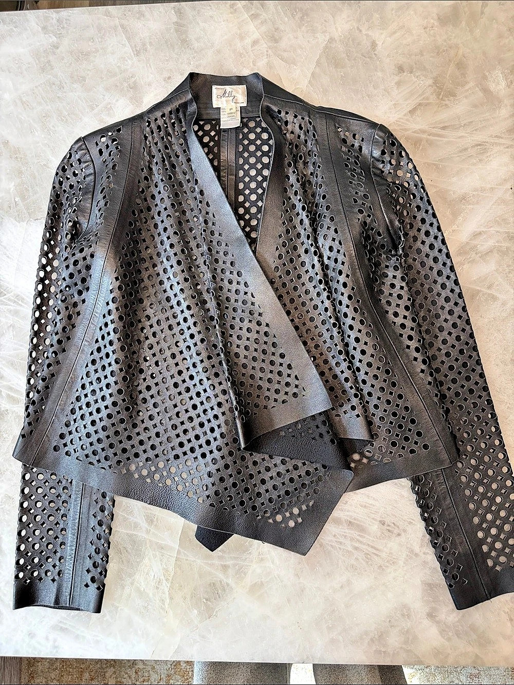 MILLY of New York black perforated/laser-cut leather drape-front jacket